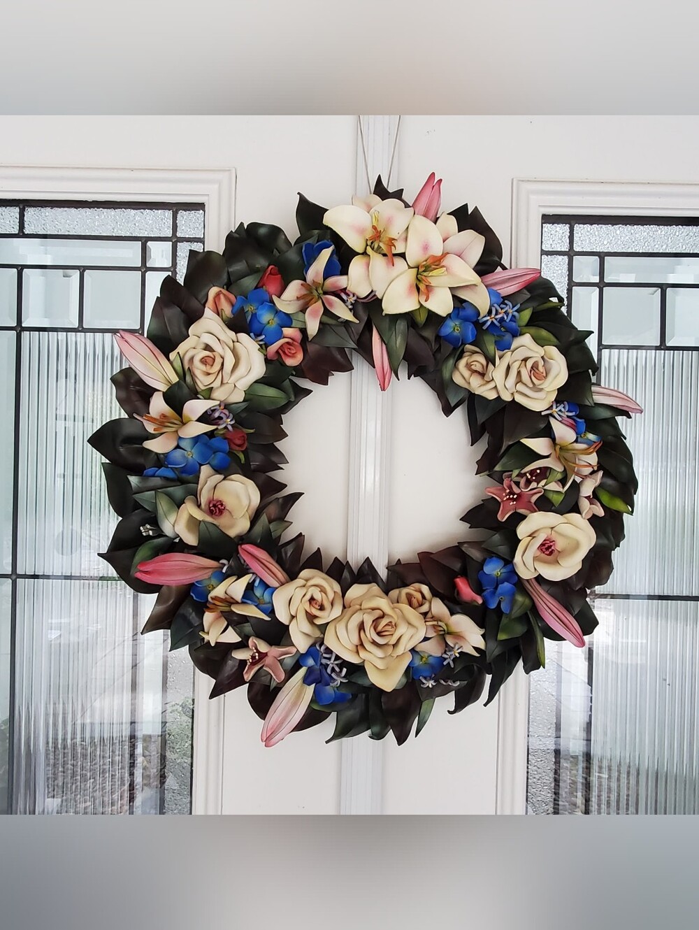 Gorgeous Leather Floral Wreath Handcrafted 24" Signed And Dated 2003
